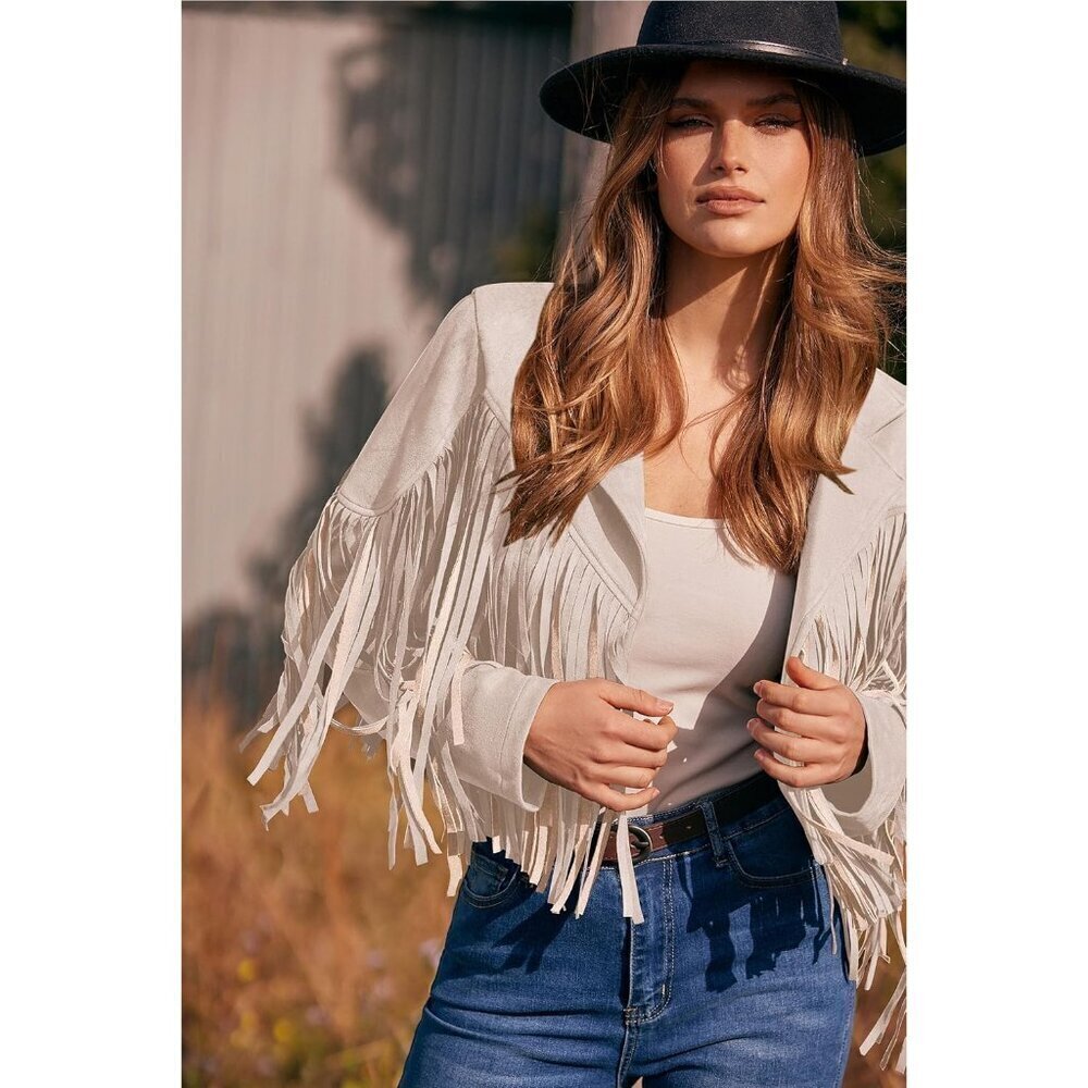 Women's Beige Apricot Fringe Faux Suede Leather Tassel Motorcycle Cropped Jacket - Picture 8 of 9
